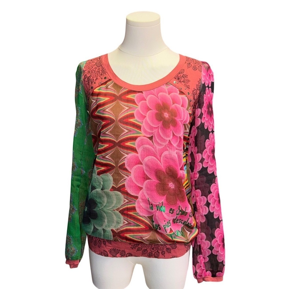 Desigual Mixed Print Floral Geometric Mesh Sleeve Embellished Top Pink Green